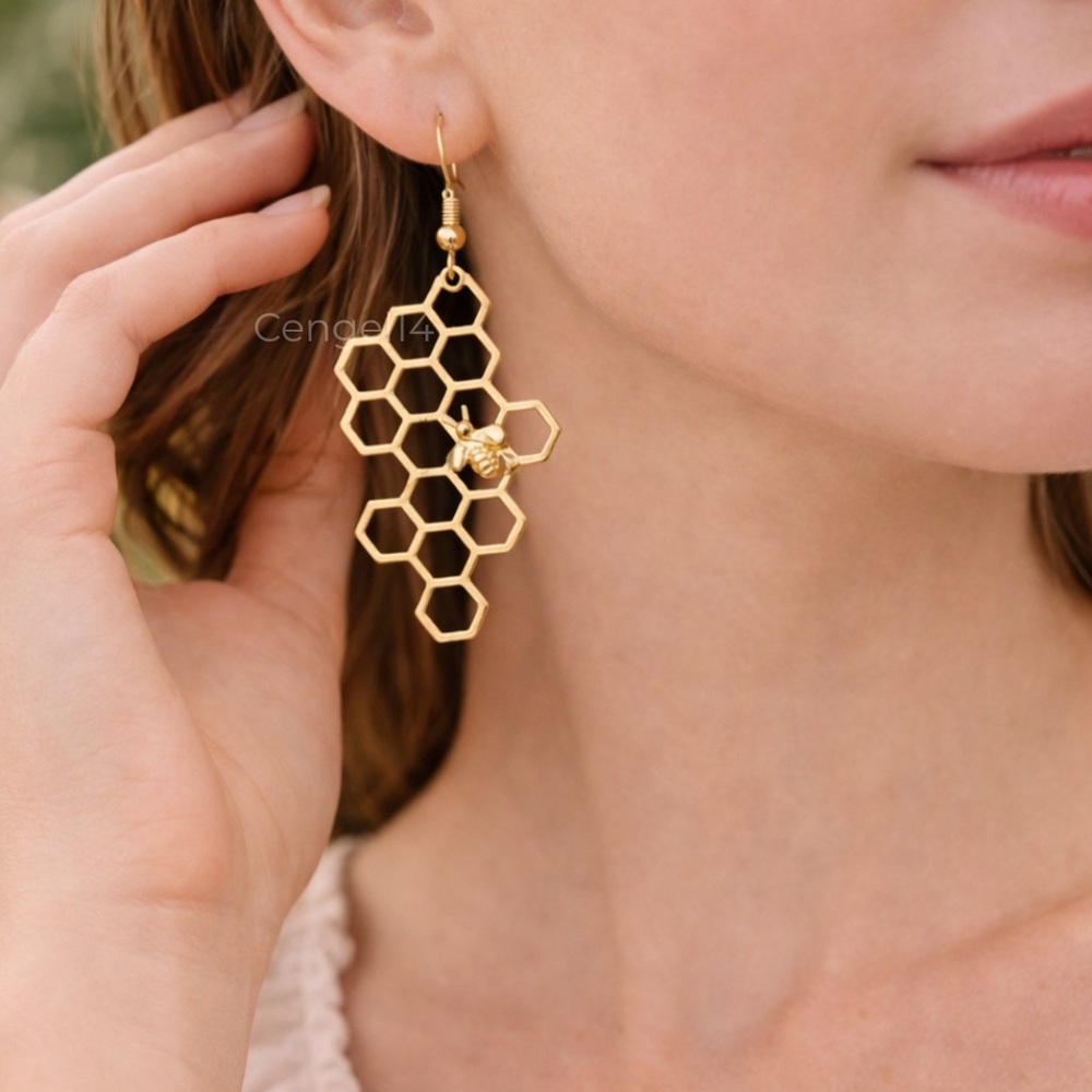 Gold Honeycomb Bee Dangle Earrings Geometric Boho Statement 2” - Picture 2 of 2